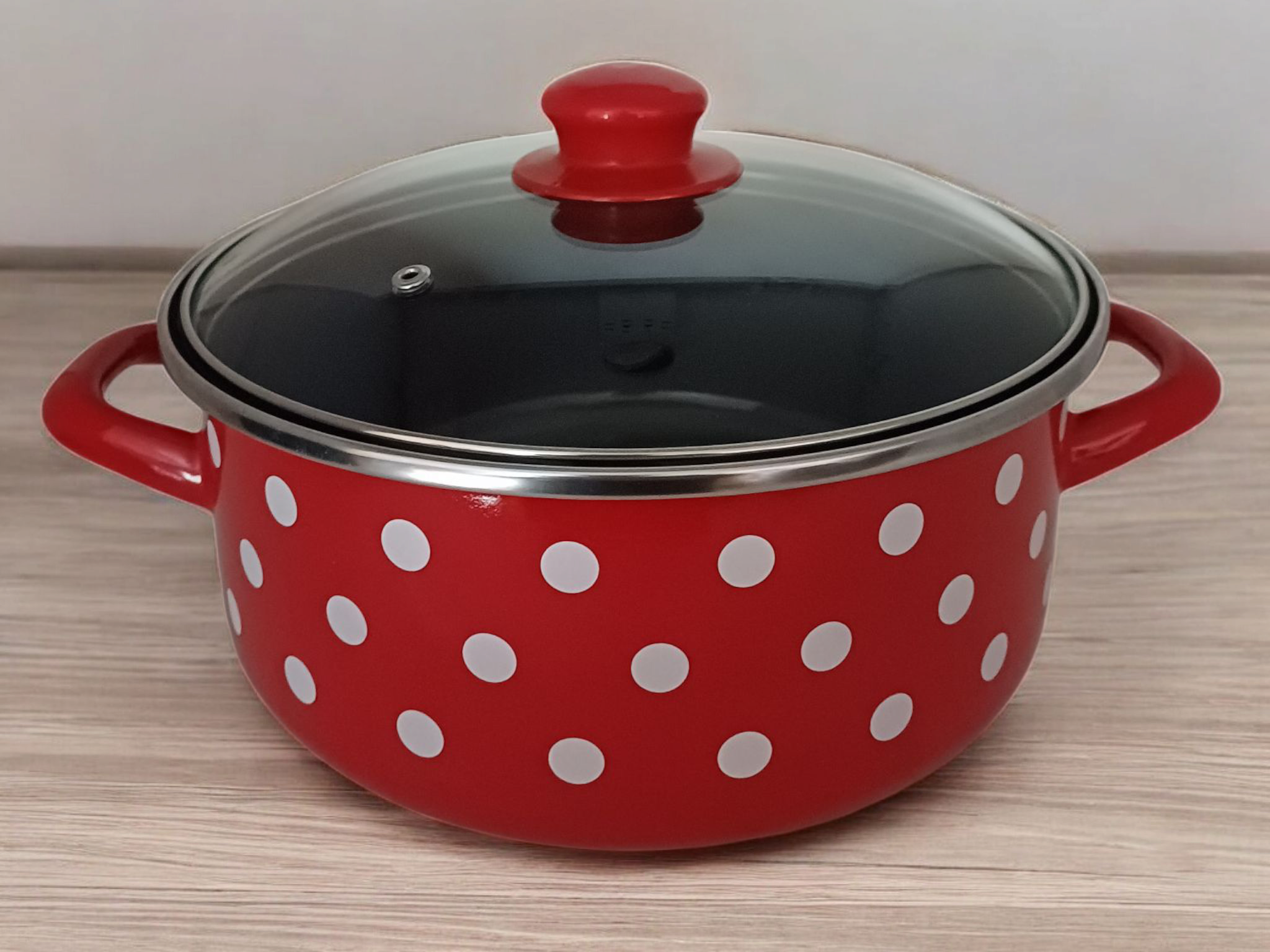 Petit faitout en métal émaillé - Rouge à pois blanc - Diam. 22 cm