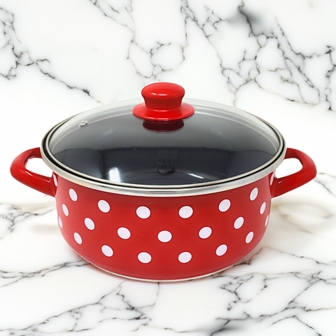 Faitout en métal émaillé - Rouge à pois blanc - Diam. 24 cm
