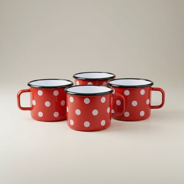Mugs en métal émaillé - Rouge à pois blancs - 500 ml - Lot de 4