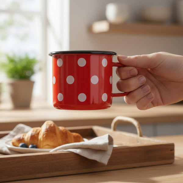 Mug en métal émaillé - Rouge à pois blancs - 500 ml