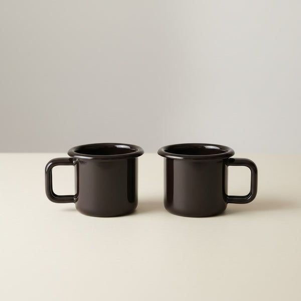 Vaisselle Emaillée set of 2 black enamel metal espresso cups, 100ml capacity, ideal for camping or home.