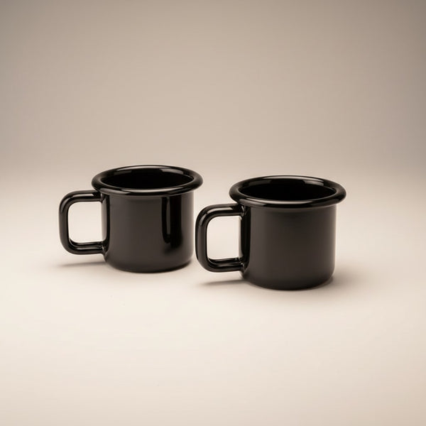 Vaisselle Emaillée set of 2 black enamel espresso mugs, 100ml capacity, ideal for camping or home.