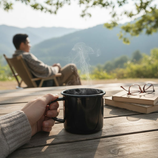 Vaisselle Emaillée black enamel metal mug, 250ml capacity, with a classic design and handle.
