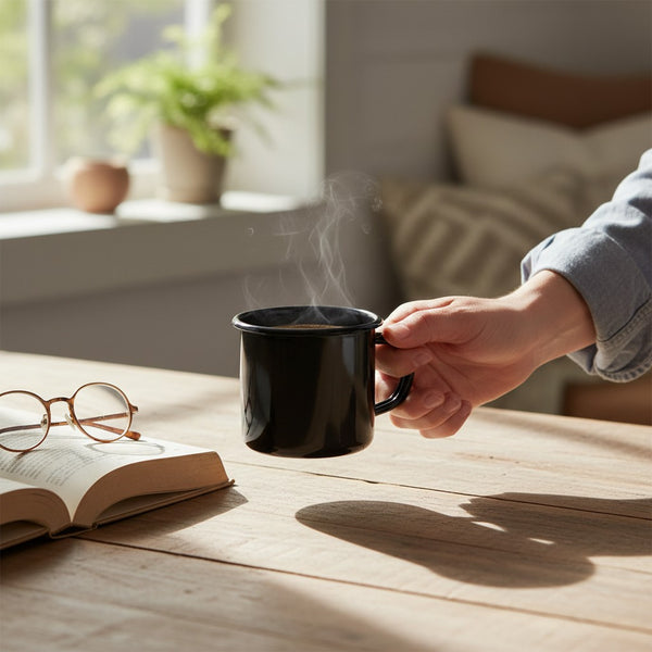 Vaisselle Emaillée black 250ml enamel metal mug with handle, suitable for hot or cold drinks.