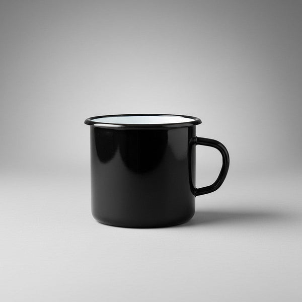 Vaisselle Emaillée black enamel mug with white interior, 400ml capacity, ideal for hot or cold drinks.