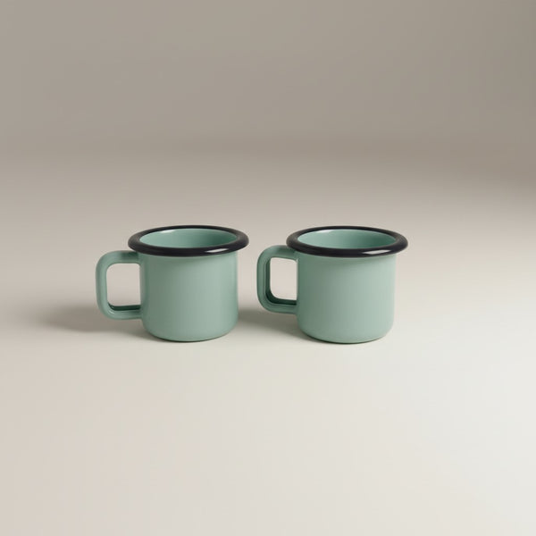 Vaisselle Emaillée set of 2 mint green enamel metal espresso cups with black rim, 100ml capacity.