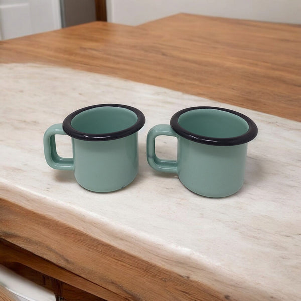 Vaisselle Emaillée set of 2 mint green enamel metal espresso cups, 100ml capacity, with black rim detail.