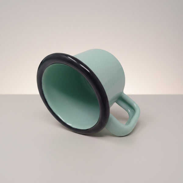 Vaisselle Emaillée set of 2 mint green enamel metal espresso cups, 100ml capacity, with black rim and handle.