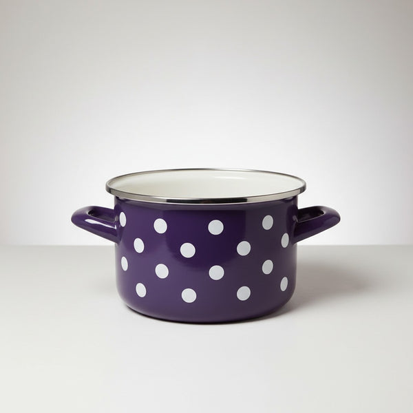 Vaisselle Emaillée small purple enamel pot with white polka dots, 2L capacity, ideal for soups and stews.