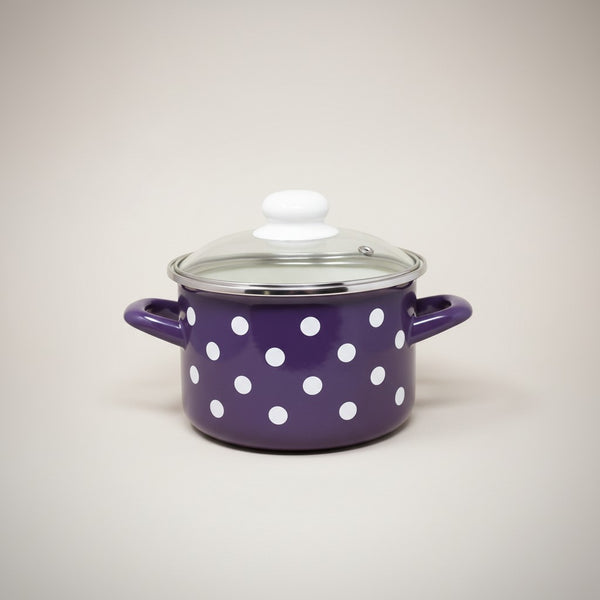 Vaisselle Emaillée small purple enamel pot with white polka dots and glass lid, 2L capacity.