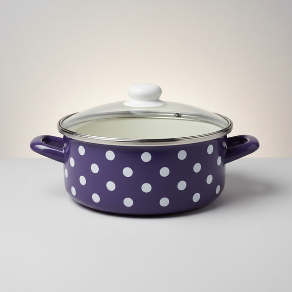 Vaisselle Emaillée purple enamel stockpot with white polka dots, glass lid, and silver trim. 3.5L capacity.