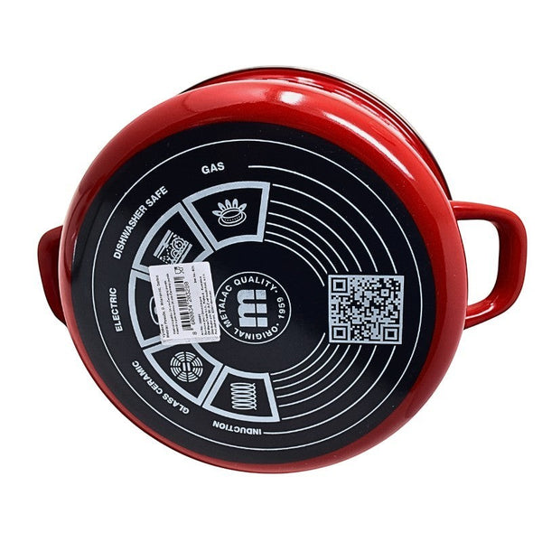 Vaisselle Emaillée red enameled metal pot with white polka dots, 22cm diameter, suitable for induction, gas, electric, glass ceramic, and oven.