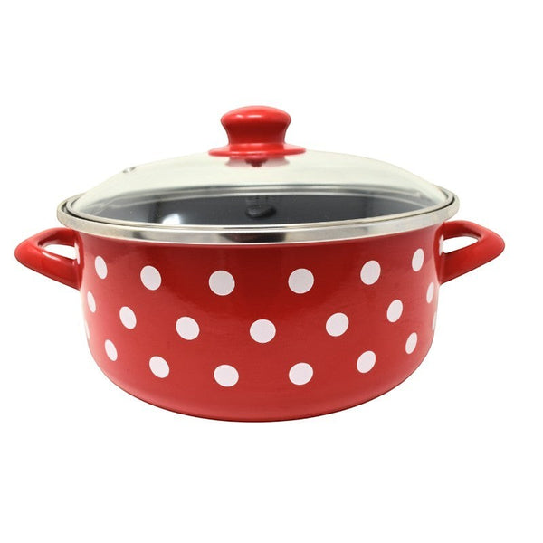 Vaisselle Emaillée red enamel pot with white polka dots, glass lid with steam vent, 22cm diameter.