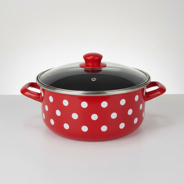 Vaisselle Emaillée red enamel pot with white polka dots, glass lid with steam vent, 22cm diameter.