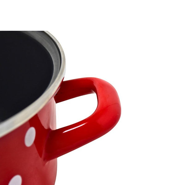 Vaisselle Emaillée red enamel pot with white polka dots and red handles, 22cm diameter.