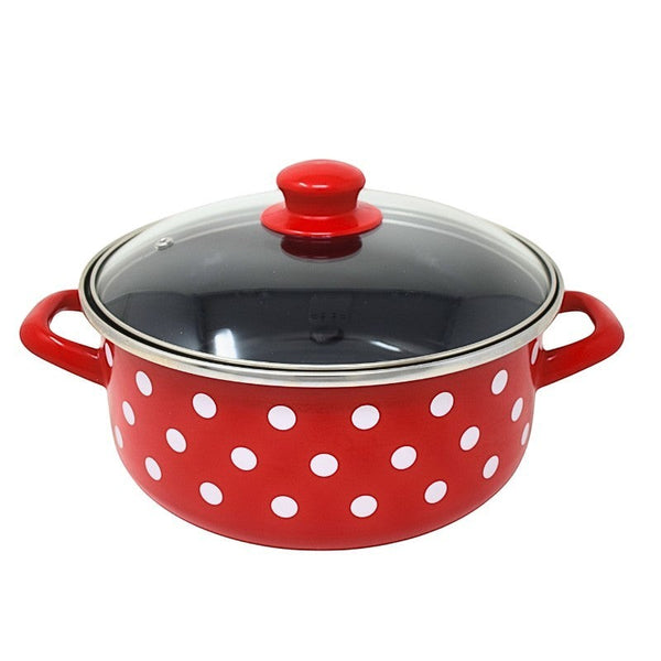 Vaisselle Emaillée red enamel pot with white polka dots, glass lid with steam vent, 22cm diameter.