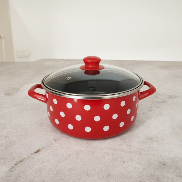 Vaisselle Emaillée red enamel pot with white polka dots, glass lid with steam vent, 22cm diameter.