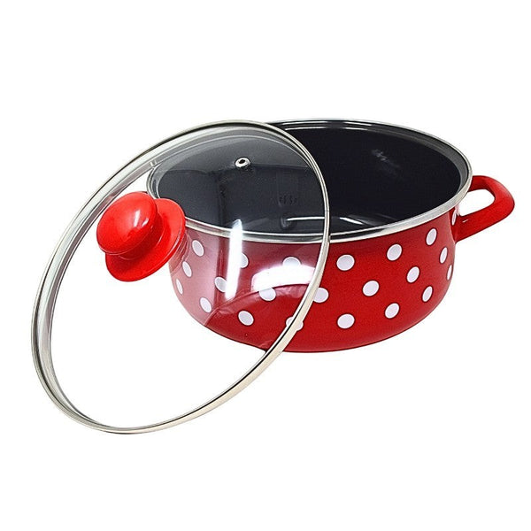 Vaisselle Emaillée red enamel pot with white polka dots, glass lid with steam vent, 22cm diameter.
