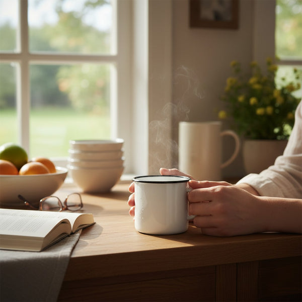 Vaisselle Emaillée white enamel mug with black rim, 250ml capacity, perfect for hot or cold drinks.