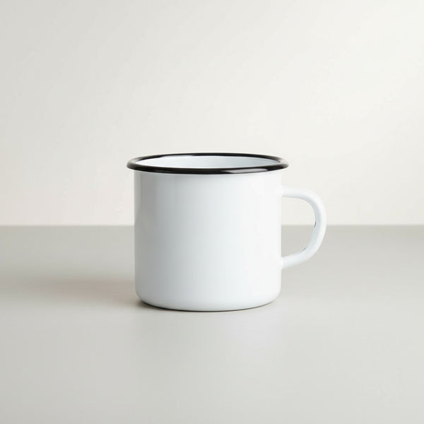 Vaisselle Emaillée white enamel mug with black rim, 250ml capacity, ideal for hot or cold drinks.