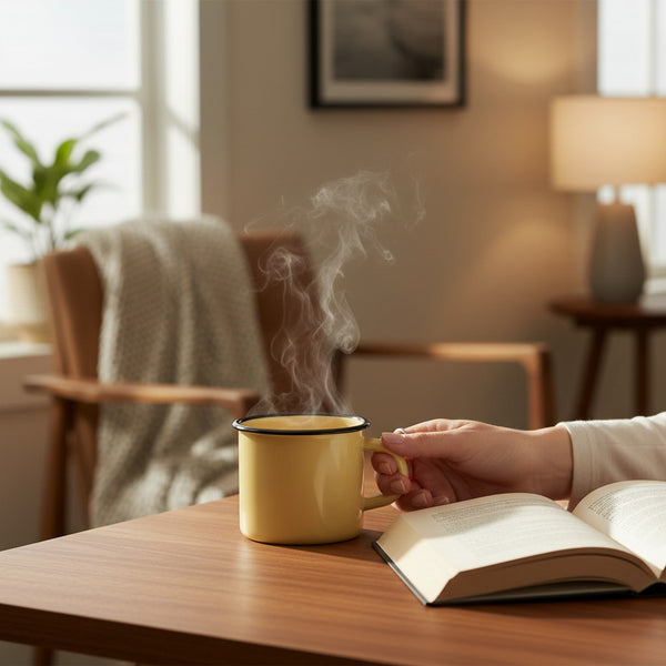 Vaisselle Emaillée yellow enamel mug with black rim, 400ml capacity, perfect for hot or cold drinks.